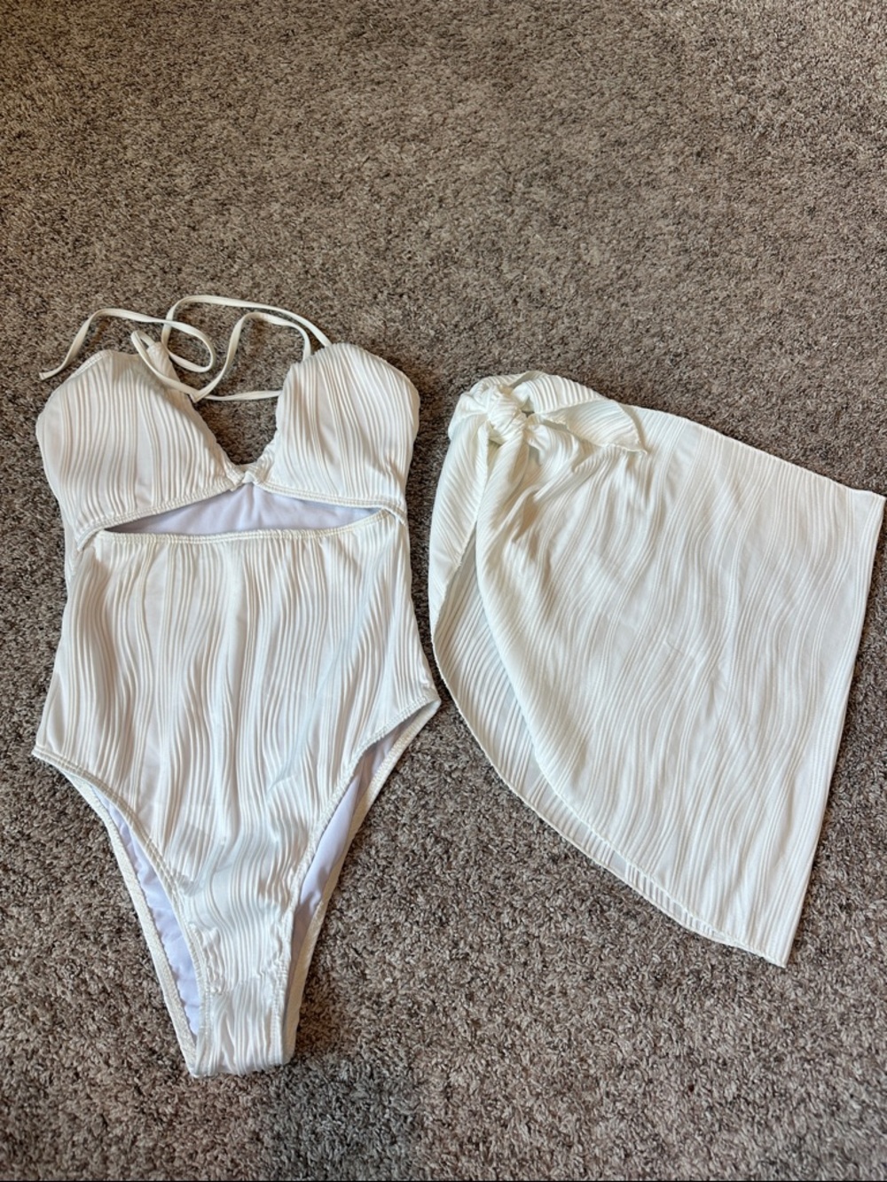 White Textured Cutout One-Piece Swimsuit with Matching Sarong